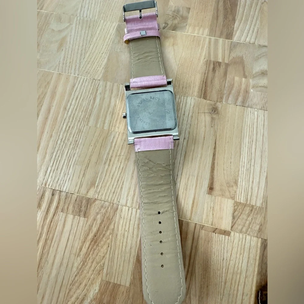Unbranded ladies rectangular silver tone Christian angels pink watch NEW BATTERY